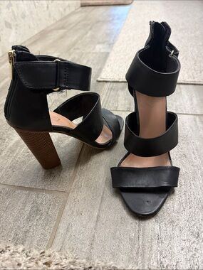 a new day Black Strappy Block Heel Sandals with Brown Wood-Texture Heel
